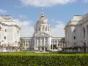 A view of San Francisco City Hall with the Court Yard shrubs in view