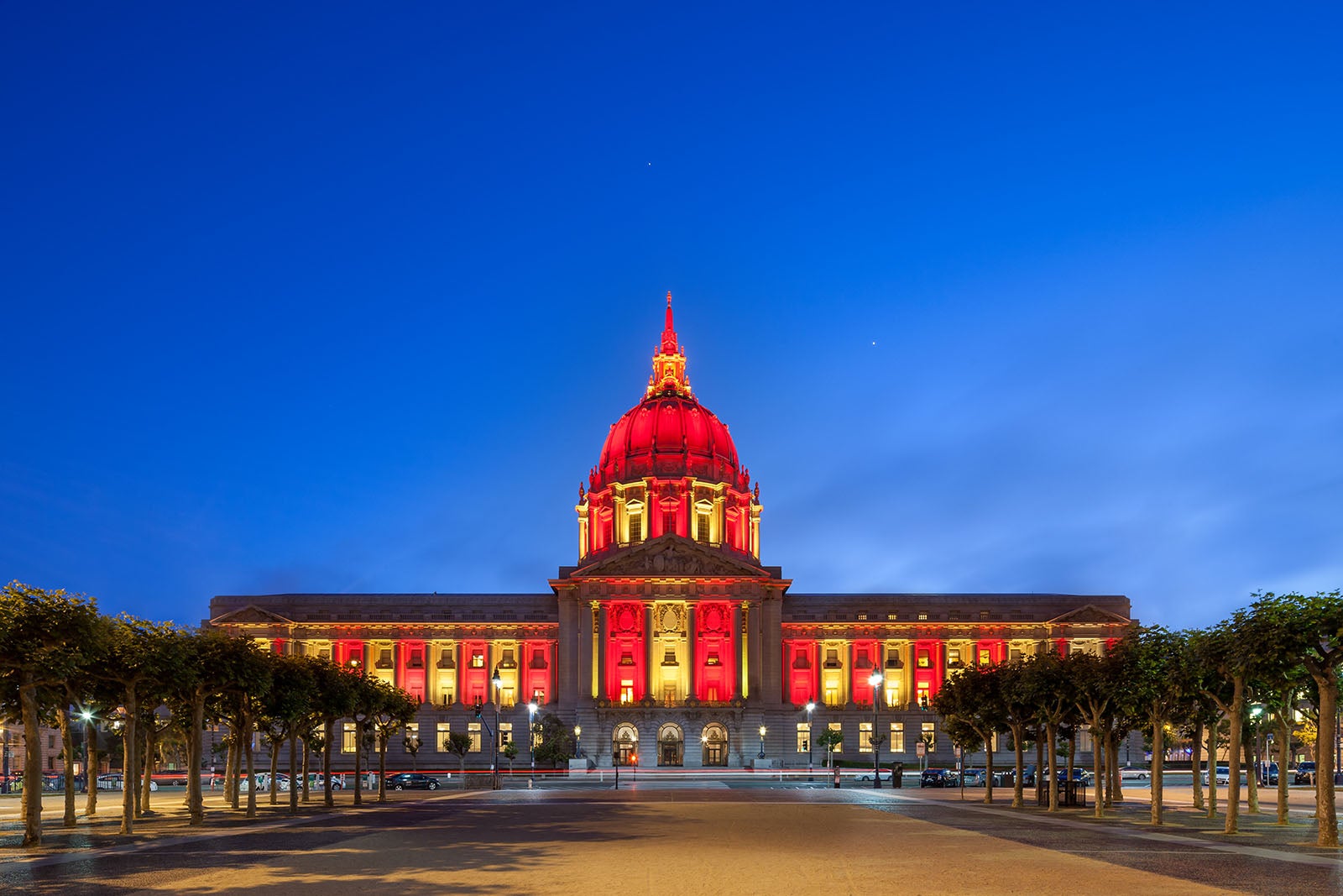 San Francisco City Hall Exterior Night Lighting - Red and Gold - 49ers