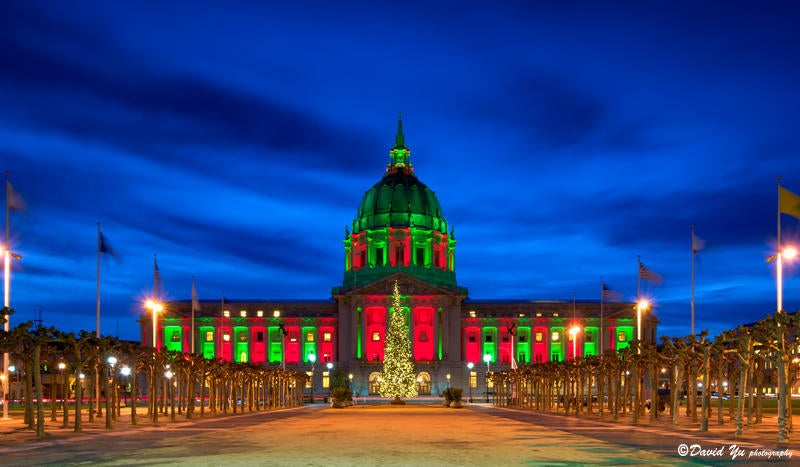 San Francisco City Hall Exterior Night Lighting -Green Red - Christmas