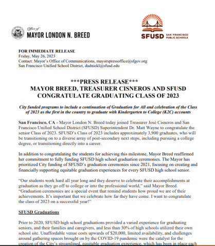 San Francisco Mayor Press Release on SFUSD & K2C Graduates