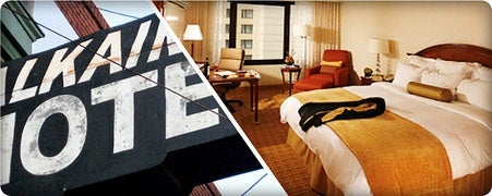 Collage of hotel sign and standard hotel room.