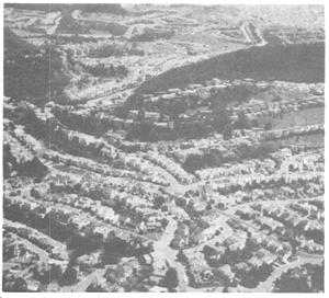 aerial view of streets following a topography.