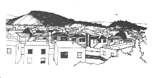 drawign of low-rise building at base of hilltop park.