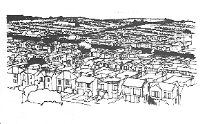 drawing showing treetop canopy across neighborhood rooftops