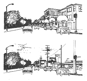 drawing contrasts street views near a park