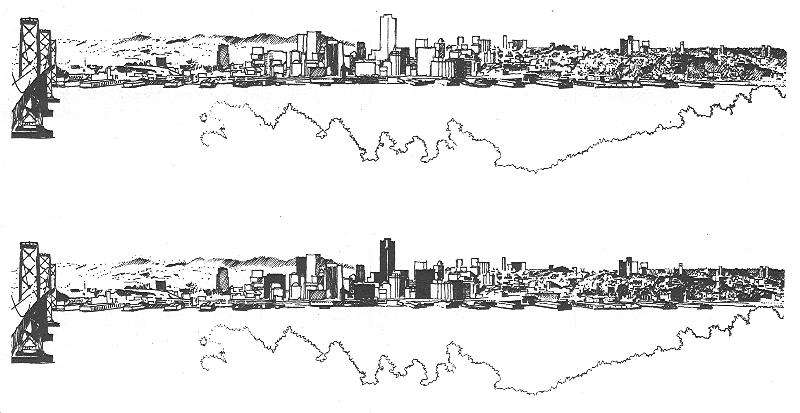 drawing of laight and dark buildings in skyline