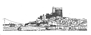 drawing of bulky building dominating skyline