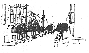 drawing of street with many trees