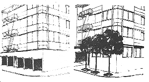 drawing showing how trees can minimize large parking garage doors