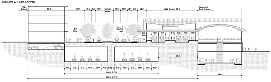 Section through the freeway deck and transit center. 