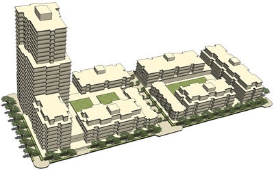 diagram showing buildings of varying hieghts within development site