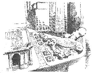 drawing of an open space downtown area.