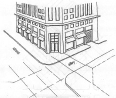 diagram of corner building with entrance diagonal to sidewalks.