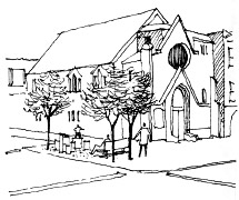 drawing ofchurch at street corner.