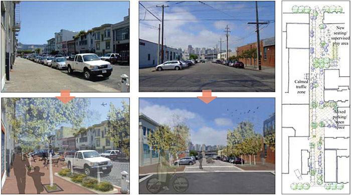schematics of reclaimed street spaces for pedestrian use